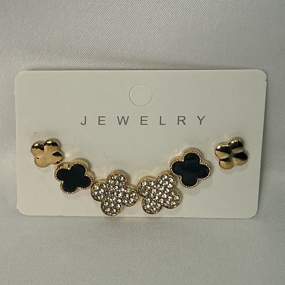3 pr Fashion Stud Earrings 
Quatrefoil Motif Clover 
Goldtone Black Enamel New